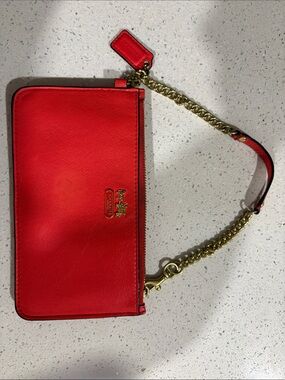 Coach Red Leather Wristlet with Gold Chain Strap